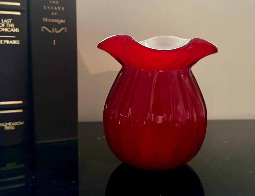 Vintage Ruby Red Over White Cased Art Glass Vase With Ruffled Rim - Etsy