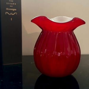 Vintage Ruby Red Over White Cased Art Glass Vase with Ruffled Rim