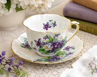 Vintage Royal Stafford Teacup and Saucer, Purple Floral, Gold Trim