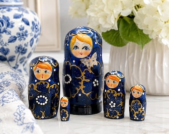 Matryoshka Wooden Nesting Doll ~ Russian, Navy Blue Design Traditional Classic Flowers