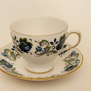 Vintage Queen Anne Bone China Tea Cup and Saucer: Blue Floral