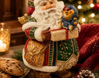 Fitz & Floyd Christmas Santa Cookie Jar with Teddy Bear 8" Hand Painted Holiday Ceramic Canister Vintage Collectible