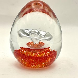 Glass Art Egg Shaped Paperweight ~ Red/Orange Blossoming Flower