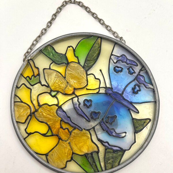 Joan Baker Designs ~ Hand Painted Stained Glass ~ Sun Catcher ~ Butterfly and Flowers