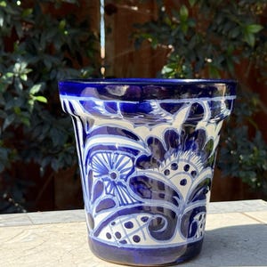 Talavera Hand Painted Cobalt Blue and White Flower Pot