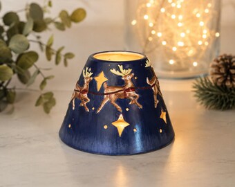 Jim Shore Christmas Candle Shade - Reindeer & Stars, Navy Blue Holiday Collectable