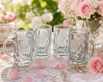 Vintage Mikasa Rose Pro Crystal Mugs Set of 4, Frosted Etched Rose Glass Drinkware