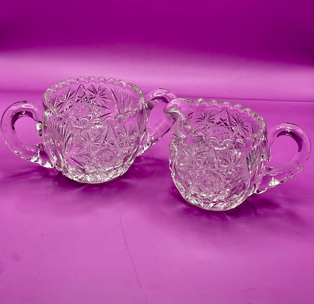 Vintage Cream and Sugar Set Cut Heavy Crystal Flower and Geometric