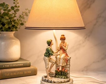 Vintage Table Lamp with Porcelain Figurines ~ Romantic Scene, Young Couple