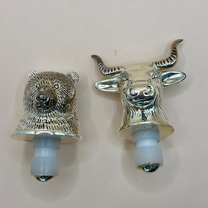 Vintage Silver Plated Bear and Bull Bottle Stoppers by Neiman Marcus ~ Barware, Financial Gift, Investor Gift