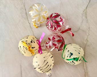 Vintage Lanissa Christmas Ornaments - Set of 6 Hand-Painted & Glitter Accents, Mid-Century Holiday Decor