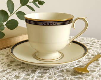 Lenox Urban Lights Cup and Saucer Set: Fine Ivory China, Gold & Black