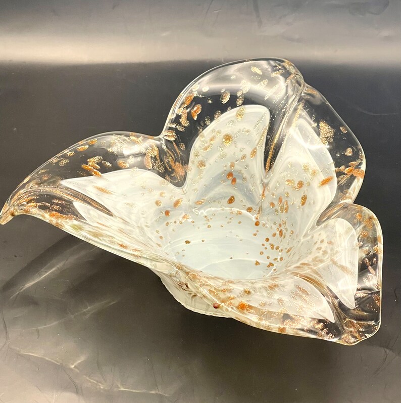 Vintage Murano Hand Blown Glass Flower White and Gold Tulip Bowl Made