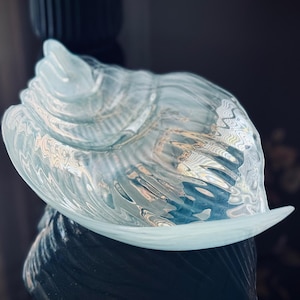 Lovely Iridescent Blue Shell Art Glass Shell Shaped Bowl ~ Nautical Ocean Decor