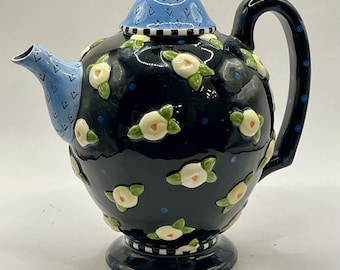 Vintage Mary Engelbreight Teapot Kettle ~ Whimsical Black Teapot with Yellow Flowers