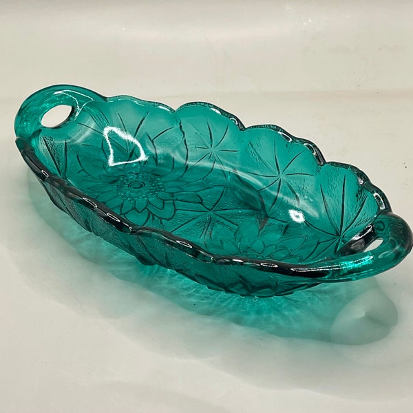 Atemberaubende blaue Glas Candy Dish ~ Serviertablett Petrol Blau ~ Aqua Blau Glas Floral Dish Oval Tablett