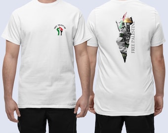 May include: White t-shirt with "Free Palestine" text and graphic. The front features a fist with the Palestinian flag colors. The back displays a vertical design with figures and text "Free Palestine".