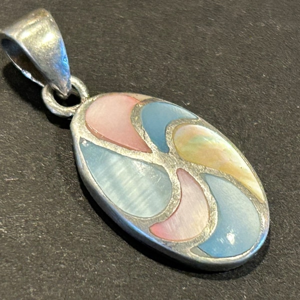 Vintage Sterling and Mother of Pearl Pendant, Colorful Pendant, Vintage Shell Pendant, Blue and Pink Glass Pendant