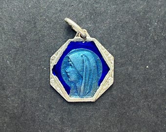 Antique French Lourdes Medal: Blue Enamel Lourdes Charm