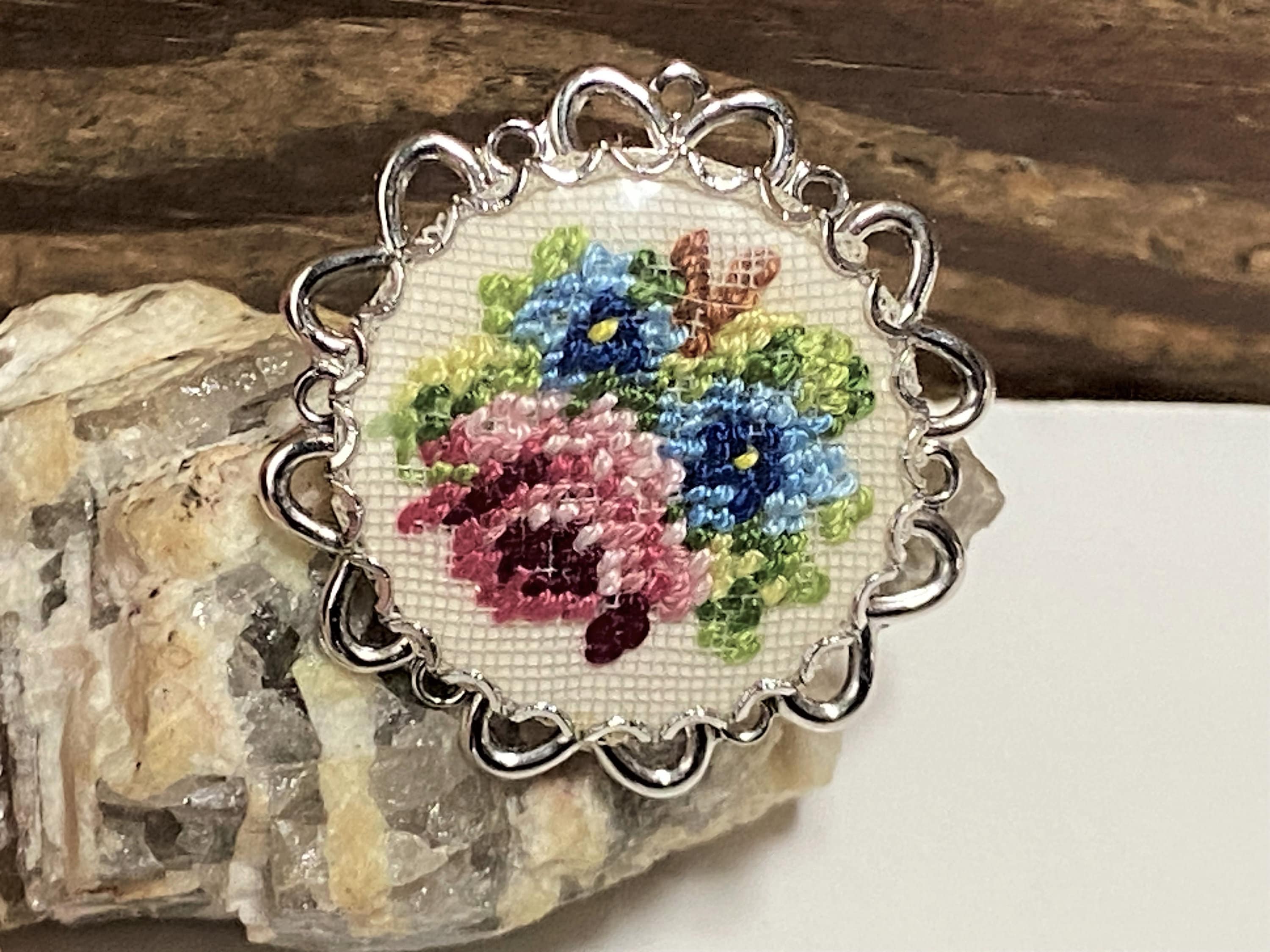 Petit Point Pin Brooch Handmade in Vienna, Austria on Original Card