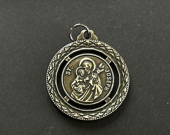 Vintage Large St Joseph Medal/Pendant, Beautiful Old St Joseph Pendant, Wreath Design, Patron Saint of Expectant Mothers and Families