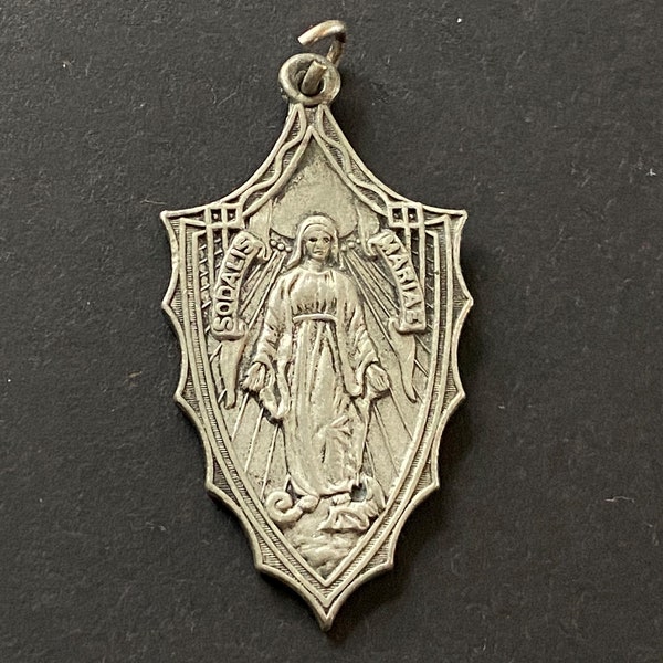 Antique Latin Miraculous Religious Medal, To Jesus Through Mary, Virgin Mary Medal, Jesus on Reverse, Ad Jesum Per Mariam Sodalis Mariae