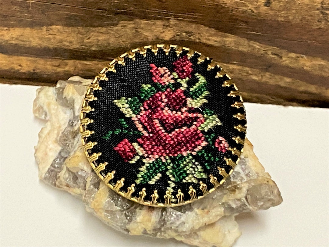 Vintage Gold Petit Point Rose Brooch: Floral Needlepoint Jewelry - Etsy