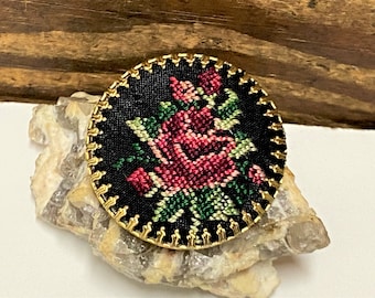 Vintage Gold Petit Point Floral Brooch, Floral Needlepoint Brooch, Gold Flower Brooch, Fabric Flower Brooch, Rose Petit Point Brooch