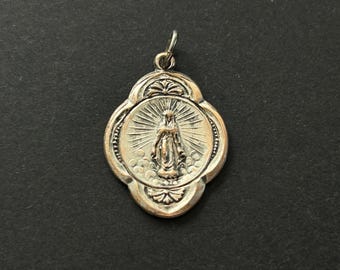 Antique Our Lady of Fatima Medal: Silver Plate over Bronze, Our Lady of the Rosary Religious Pendant