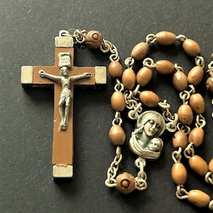 Vintage Carved Wood Bead Rosary, Silver Cross, Handmade Carved Beads, Vintage Wood Prayer Beads