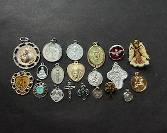 Vintage 20 Piece Religious Aluminum Medal Lot: Miraculous Mary, Angel, Pope, St Anthony, Holy Spirit, Lourdes