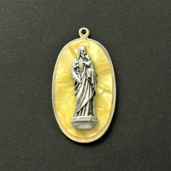 Vintage St Joseph Pendant, Faux Mother of Pearl Base, Vintage Catholic Pendant, Patron Saint of Families and Expectant Mothers