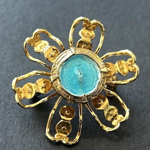 Vintage Religious Miraculous Brooch, Floral with Gold Base and Blue Enamel Miraculous Medal in the Center