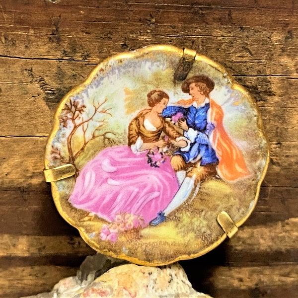 Antique Limoges France Porcelain Mini Plate Brooch Pin Fragonard, Victorian Courting Couple Brooch, Limoges Fragonard Brooch