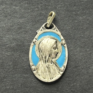 Antique Blue Enamel Lourdes French Medal/Pendant, Apparition of Mary on the Reverse, French Lourdes Medal/Charm