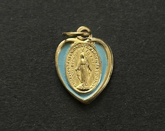 Vintage Miraculous Religious Medal, Blue Enamel Inset, Gold Plate, Virgin Mary Heart Shaped Pendant