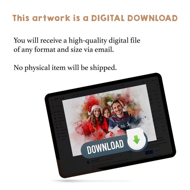 Op de afbeelding: Een digitale download van een aquarel schilderij van een gezin van drie personen met kerstpetten. De afbeelding wordt weergegeven op een tablet scherm met een groene downloadknop.