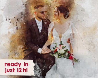Pode incluir: Uma pintura em aquarela de um casal em trajes de casamento. A noiva está vestindo um vestido branco com um buquê de flores. O noivo está vestindo um terno escuro e gravata. O fundo é um suave lavado de aquarela de cores.