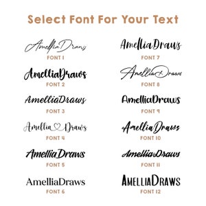 Op de afbeelding: Een selectie van 12 verschillende lettertypen voor de naam "Amellia Draws". De lettertypen vari&euml;ren van cursief tot vet en blokletter.