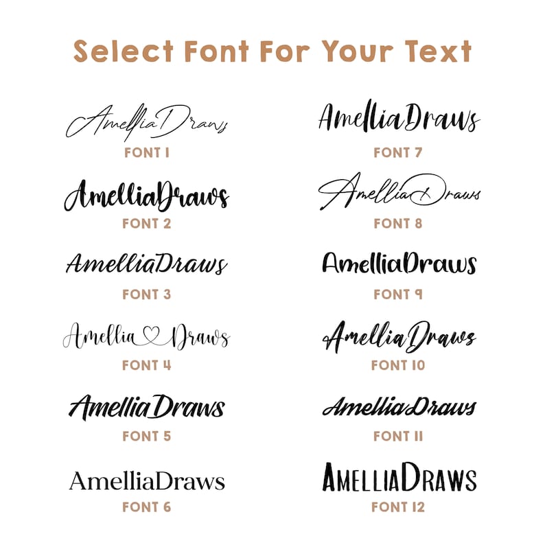 Op de afbeelding: Een selectie van 12 verschillende lettertypen voor de naam "Amellia Draws". De lettertypen vari&euml;ren van cursief tot vet en blokletter.