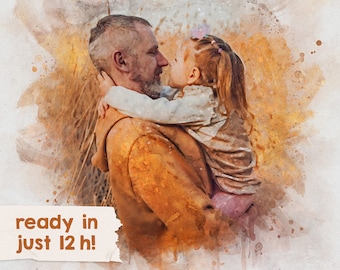 Aangepast vaderdagcadeau dochter cadeau Eerste vaderdagcadeau familie schilderij voor hem Gepersonaliseerde aquarel familieportret van fotocadeau