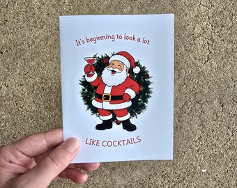 Santa Funny Cocktails Greeting Card with Envelope for Birthday, Christmas, Holidays, Office Stationary, Funny Gag Gift
