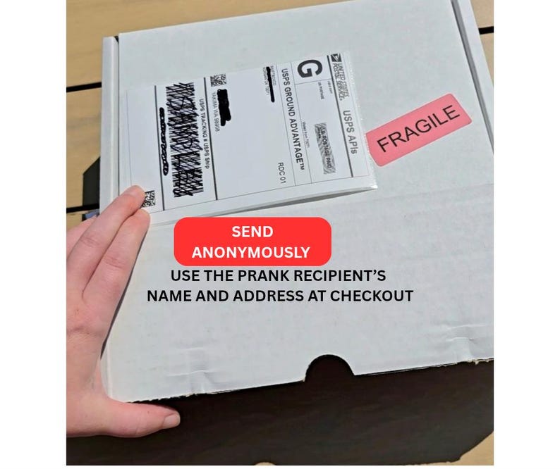May include: A white cardboard box with a shipping label and a red "FRAGILE" sticker. A red rectangle with the words "SEND ANONYMOUSLY" is visible, along with the text "USE THE PRANK RECIPIENT'S NAME AND ADDRESS AT CHECKOUT."