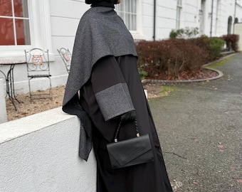Black Layered Abaya | Textured Shawl, Elegant Islamic Dress
