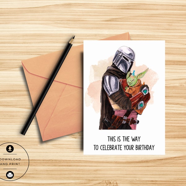 Tarjeta de cumpleaños de Star Wars - Mandaloriano - Yoda - Tarjeta de cumpleaños linda - Nerdy - Divertido - Tarjeta de aniversario - Tarjeta de felicitación - Imprimible