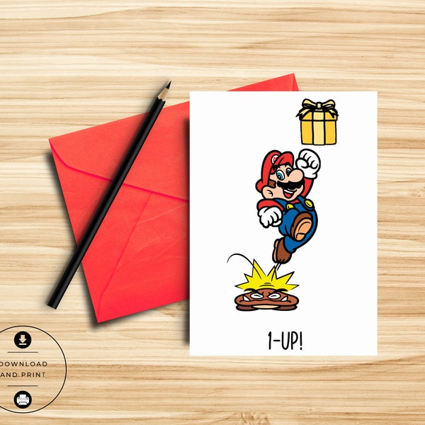 1-UP Birthday Card - Funny Video Game Card - Nerdy Card -  Holiday Card - Pun Card - Nintendo - Mario - Geek Card