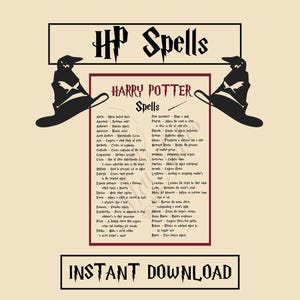 Op de afbeelding: Een printbare lijst met Harry Potter spreuken met een zwart-witte illustratie van een Sorteerhoed aan beide kanten. De tekst luidt bovenaan "HP Spells" en in het midden in een rode box "HARRY POTTER Spells". De lijst bevat spreuken zoals "Accio", "Alohomora", "Avada Kedavra", "Crucio", "Expelliarmus", "Imperio", "Lumos", "Petrificus Totalus", "Stupefy" en "Wingardium Leviosa". De tekst onderaan luidt "INSTANT DOWNLOAD".