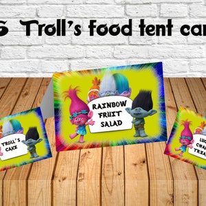 16 tarjetas de tienda de comida Trolls, decoración de fiesta Trolls, bricolaje, descarga instantánea