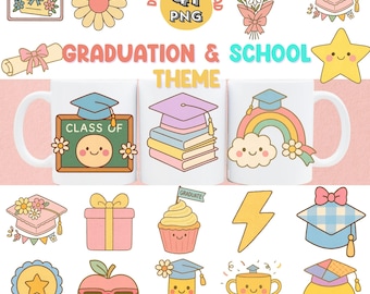 Puede incluir: Conjunto gráfico de descarga digital con temática de graduación y escuela. Incluye tazas, un diploma, una estrella, una flor, una caja de regalo, una magdalena, un rayo, un trofeo y un lápiz. Se muestra el texto "GRADUATION & SCHOOL THEME".
