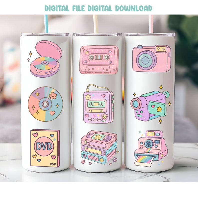 May include: Three white insulated tumblers with pastel-colored retro-themed stickers. Designs include a CD player, cassette tape, camera, camcorder, DVD, and a Polaroid camera. Each tumbler has a straw. The text "DIGITAL FILE DIGITAL DOWNLOAD" is at the top.